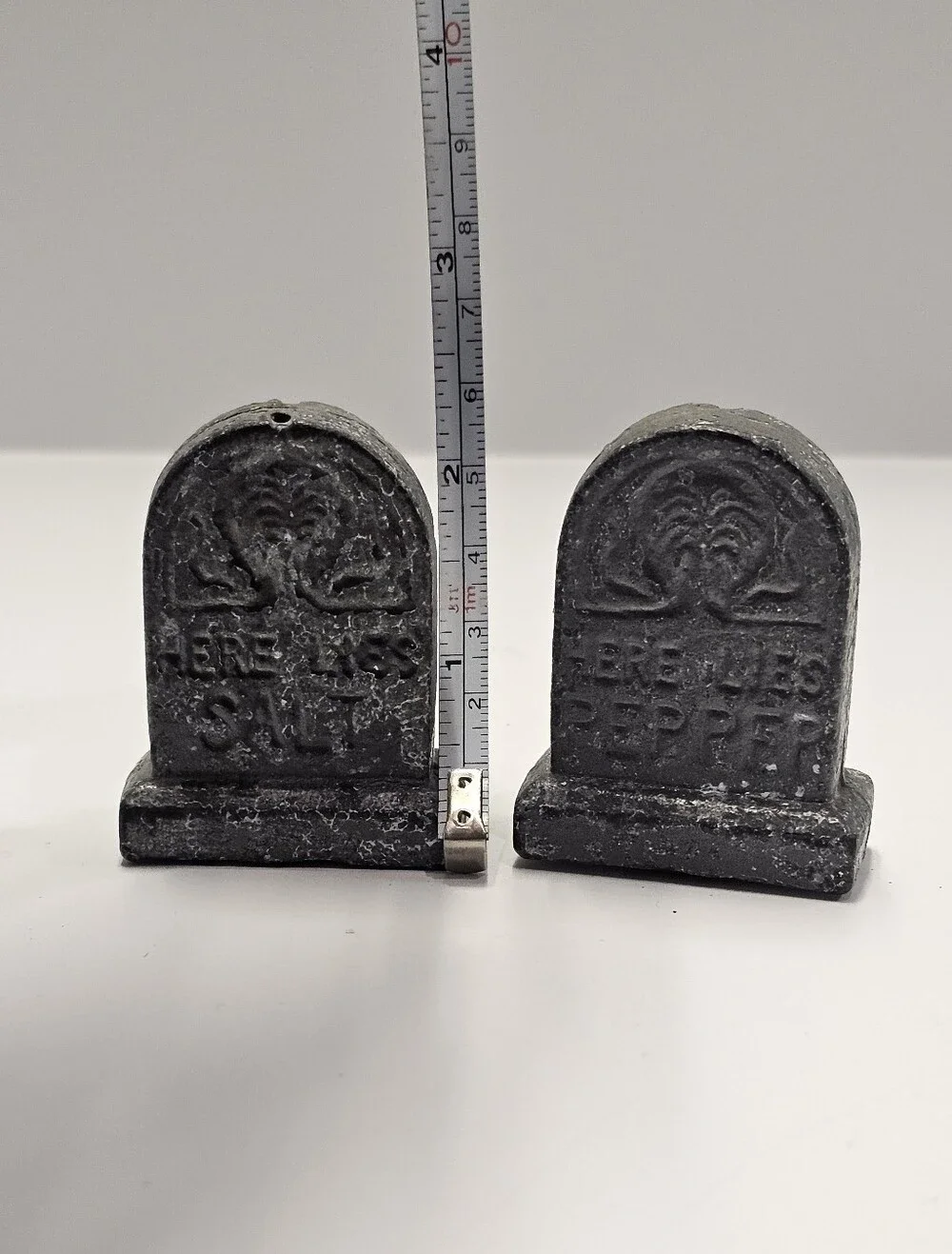 vintage Cast metal tombstone salt and pepper shakers